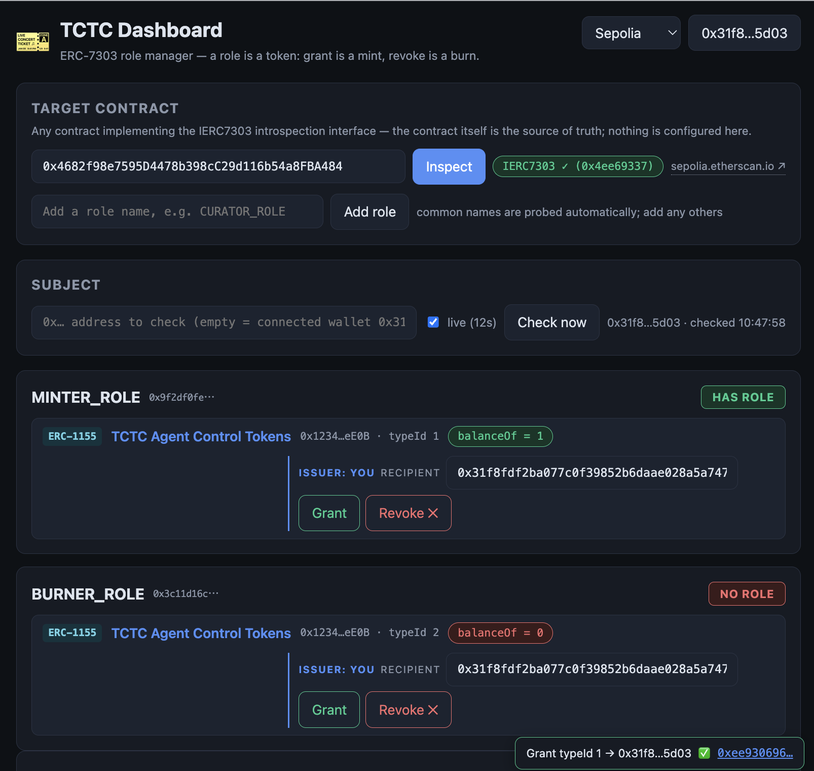 TCTC Dashboard screenshot: a target contract inspected, MINTER_ROLE HAS ROLE with balance evidence, issuer grant/revoke controls